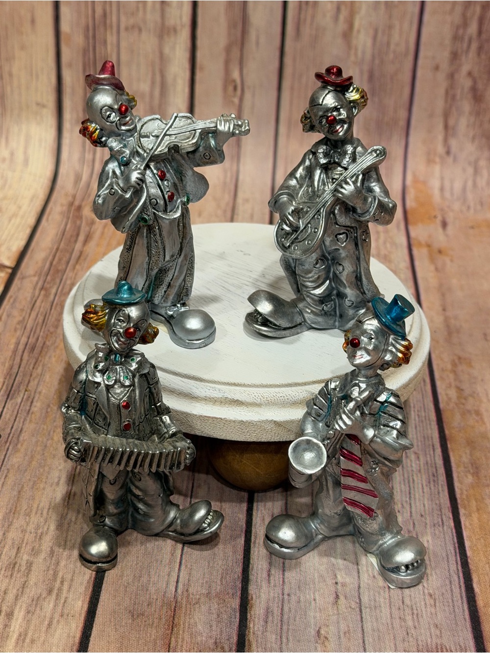Set of 4 - Vintage clown figurines w/metallic silver coatings